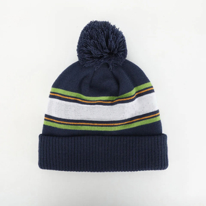 Gorro de Punto Unisex con Pompón, Gorro de Invierno a Rayas, Azul Marino, Blanco, Verde, Naranja, Informal, para Adultos, 56-58 cm - Product Image 5