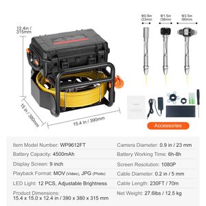 Telecamera di ispezione autolivellante da 70 m (230 piedi) con trasmettitore 512Hz, schermo da 9 pollici, endoscopio industriale HD 1080P per ispezione fognature e tubazioni. - Product Image 4