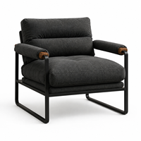 Fauteuil de salon moderne rembourré, structure en métal noir, accoudoirs en bois, durable, facile à nettoyer, pour salon, chambre, bureau, meubles de maison