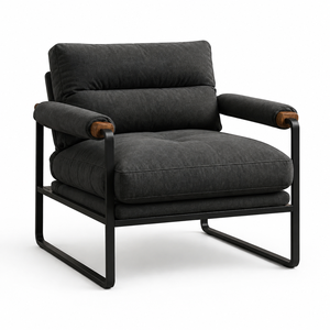 Fauteuil de salon moderne rembourré, structure en métal noir, accoudoirs en bois, durable, facile à nettoyer, pour salon, chambre, bureau, meubles de maison - Product Image 1