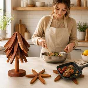 <b>Wooden</b> Christmas Tree <b>Trivet</b> Set Handmade Heat Resistant Table Decoration 20cm Diameter Modern Style - Product Image 5