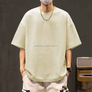 Camiseta de gran tamaño con cuello redondo informal de algodón 100%, camisetas de manga corta con hombros caídos y tela tejida elástica ligera - Product Image 5