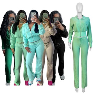 2026 <b>Women</b> Tracksuits Solid Color 2 Piece Jacket Set <b>Flared</b> Pants Suit <b>Women's</b> <b>Jogger</b> Two Piece set - Product Image 1