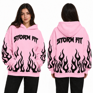 Sweat-shirt à capuche surdimensionné personnalisé pour femme, rose clair, imprimé flamme, en coton tricoté, écologique, coupe-vent, streetwear, hiver - Product Image 6