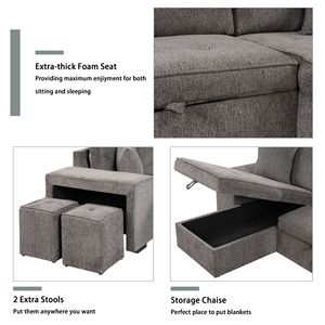 Divano Sezionale a L Reversibile da 265,7 cm con 3 Posti, Letto Estraibile, Chaise Longue con Contenitore e 2 Sgabelli - Arredamento Soggiorno - Product Image 4