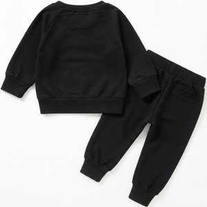 Survêtement en coton noir pour bébés garçons, col ras du cou, manches longues, couleur unie, pantalon de jogging décontracté, taille élastique, vêtements d'automne - Product Image 2