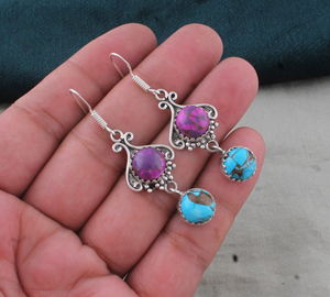 Handcrafted 925 Sterling <b>Silver</b> Purple Blue Copper Lapis Lazuli Bezel Setting Water Drop <b>Dangle</b> <b>Earrings</b> Wholesale Vintage - Product Image 1