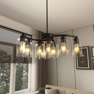 9-<b>Light</b> Modern Farmhouse Pendant Adjustable Black <b>Industrial</b> Hanging <b>Light</b> <b>Fixtures</b> Clear Glass Shade for Dining Room Kitchen - Product Image 1
