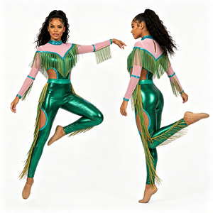 Uniforme Verde con Flecos Majarotte, Logotipo Frontal Rosa, Mangas Largas con Recortes, Ropa de Actuación para Adultos, Disfraz de Danza Escénica, 100% Poliéster - Product Image 4