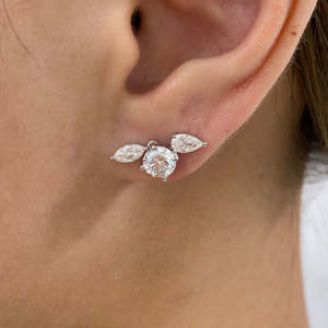 Unique Multi Shape Lab Grown Diamond Earrings Round Marquise Pear Cut Cluster Stud 10K 14K Gold Asymmetric Lab Created Diamond - Product Image 4