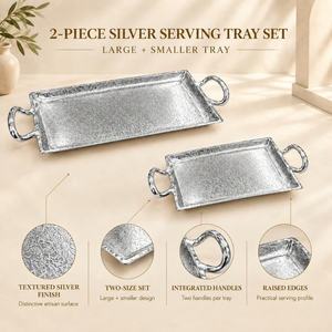 Juego de bandejas rectangulares de aluminio con acabado plateado refinado, texturizadas y con asas. |   Vajilla Elegante para Mesa de Comedor - Product Image 5