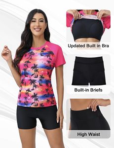 Women Short Sleeve Rash Guard Breathable Digital <b>Printed</b> Tropical Leaves Pattern Swim Top for Beach <b>Surfing</b> Yoga - Product Image 4