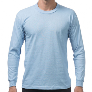 เสื้อยืดคอกลมแขนยาวสีฟ้าอ่อนสำหรับผู้ชาย ผ้าฝ้าย 100% ทรงปกติ สีพื้น ผ้าถักลำลอง คอโอ - Product Image 3