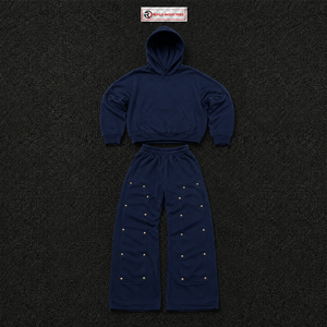 Ensemble de survêtement bleu marine oversize pour homme – Sweat-shirt à capuche et pantalon cargo en molleton de coton épais – Style streetwear décontracté - Product Image 5