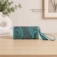 Cartera de Pulsera de Cuero Genuino Premium con Grabado Floral, Cartera Tipo Clutch con Cierre y Borla, Estilo RFID, Cartera Larga para Mujer