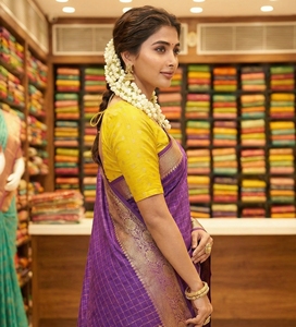 Sari en soie violette AARA Fashion avec bordure dorée et motif à carreaux, tenue de mariage pour femmes, sari indien traditionnel, longueur au sol, coupe classique - Product Image 3