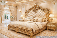 Suite de chambre à coucher de style impérial, thème noir et or, lit moderne en teck de designer exclusif, taille complète, avec ensemble complet