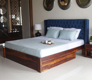 Cama Doble de Madera Maciza de Sheesham, Tamaño King, Acabado Azul Índigo-Nogal, Cama Moderna Tapizada de Madera Maciza con Espacio de Almacenamiento - Product Image 2