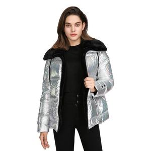 Silver Hooded Puffer <b>Jacket</b> With Faux Fur Lining Zipper Closure Windproof Winter Coat Casual Style Regular Fit - Product Image 2