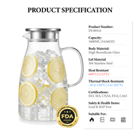 Carafe à eau en verre borosilicate large 1600 ml / 54,66 oz pour table de salle à manger, fête, jus, avec poignée résistante à la chaleur et couvercle en acier