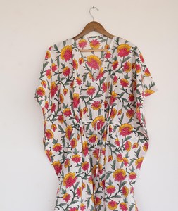 Boho Yellow Floral Handprint Kaftan Dress With <b>Tie</b> <b>Back</b> Loose Fit Short Sleeve Cotton Beach Cover-Up - Product Image 6