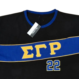 Camiseta Deportiva Premium SGRho Negra, Azul Rey y Dorada, Manga Corta, Número 22, Diseño Gráfico a Rayas, para Hermandades, Equipos Universitarios - Product Image 6