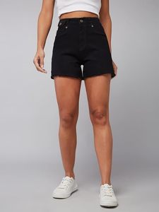 Women's Mid Waist Woven Denim <b>Shorts</b> Solid Black Vintage Sexy Cute Casual Summer Style 100% Cotton Eco-Friendly Regular Fit - Product Image 1