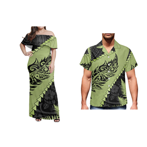 T-shirt décontracté pour homme imprimé polynésien personnalisé, robe élégante sexy à épaules dénudées, ensemble de vêtements assortis pour couple - Product Image 2