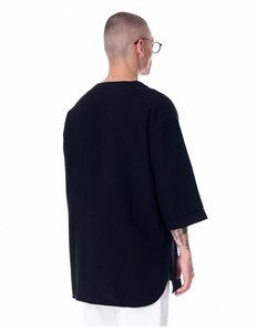 T-shirt noir surdimensionné pour homme, manches courtes, col rond, en coton tricoté, couleur unie, longueur longue, style streetwear - Product Image 5