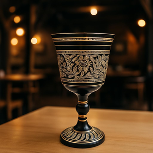 Copa de Latón Esmaltado en Negro con Grabado Floral Dorado, Cuenco Ancho y Pedestal Decorativo, Copa Ceremonial de Lujo - Product Image 4