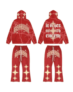 Distressed Embroidery Applique Unisex Winter Streetwear <b>Plus</b> <b>Size</b> Tracksuit 100% Cotton Fleece Hoodie <b>Jogger</b> Pant <b>Set</b> High - Product Image 2