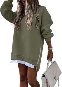 Women's Oversized Crew Neck Sweatshirt Long Sleeve <b>Zipper</b> Asymmetric Design Solid Color Knitted 100% Cotton Front Pullover - Product Image 2