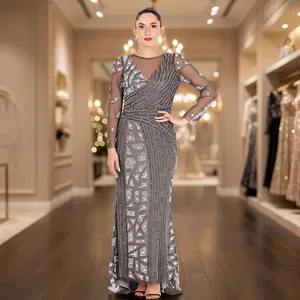 Vestido de Noche Largo Transparente con Mangas Largas, Vestido de Gala Maxi con Malla Superpuesta sin Mangas, Ropa Formal para Fiestas - Product Image 1