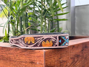 New Cowhide Tooling Carving Leather <b>Dog</b> <b>Collar</b> With Hand Painted Sunflower Tooling & Carving Top Indian Bulk Manufacturer - Product Image 2