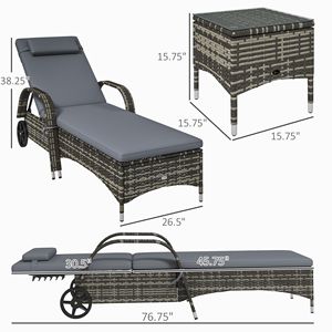 "Patio Wicker Chaise Lounge Chair Set of 2 with <b>Table</b> Adjustable Backrest Wheels Cushion & Headrest Gray" - Product Image 3