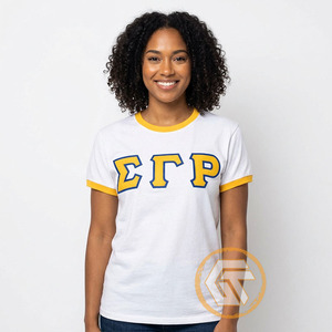 เสื้อยืดสีขาวสำหรับผู้หญิง ตัวอักษรกรีกสีทองน้ำเงิน Sigma Gamma Rho แขนสั้น คอกลมลำลอง เสื้อฤดูร้อน - Product Image 2