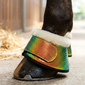 Premium Iridescent <b>Rainbow</b> Glitter Snake Synthetic Fabric Neoprene Padded Outdoor Protective No-Turn Overreach Horse Boots Hoof - Product Image 3