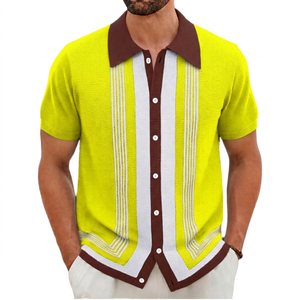 Camisa de Hombre ROLEIN Antiarrugas de Seda y Viscosa de Manga Corta a Rayas con Diseño de Bloques de Color y Botones Frontales Verde - Product Image 4