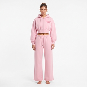 Conjunto deportivo de color rosa moderno para mujer, con sudadera con capucha y cremallera completa, hombros caídos y pantalones jogger de pierna ancha, 100% algodón polar, conjunto de dos piezas. - Product Image 3