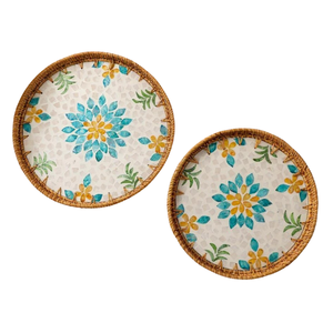Premium Mother Of Pearl Rattan <b>Tray</b> <b>Round</b> Blue Yellow Floral Mosaic Wicker Serving Baskets <b>Table</b> Decor Wholesale - Product Image 1