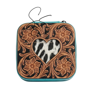 <b>Mini</b> Jewelry <b>Storage</b> <b>Box</b> with Turquoise Hair On Hide Heart Tooled Leather Portable Zipper <b>Box</b> Jewelry Organizer Case with Mirror - Product Image 2