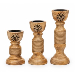 Trio de porte-bougies en bois de manguier avec motif soleil |   Artisanat en gros - Product Image 1