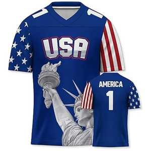 Camiseta de Fútbol Americano para Hombre, Cuello en V Azul, Gráfico de la Bandera de EE. UU., Manga Corta, Malla Transpirable, Impresión Sublimada, Nombre y Número del Equipo - Product Image 1