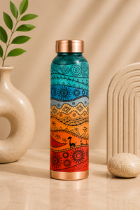 Bouteille d'eau en cuivre émaillé faite à la main avec un design floral géométrique rétro – Bouteille ayurvédique anti-fuite pour la maison et le bureau - Product Image 3