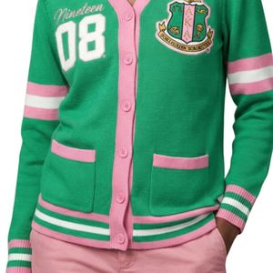เสื้อคาร์ดิแกนไหมพรมสีเขียวชมพู ลายปักตราสัญลักษณ์ ติดกระดุมด้านหน้า พร้อมลายตัวอักษร ดีไซน์แฟชั่นลำลองสำหรับผู้หญิง - Product Image 5