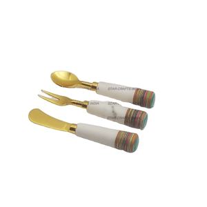 Meilleur arrivage de couverts à fromage 3pcs couteau de cuisine fourchette cuillère ensemble de couverts finition or acier inoxydable avec marbre/résine - Product Image 1