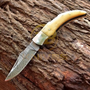 Handmade Damascus Steel Folding <b>Knife</b> with <b>Bone</b> <b>Handle</b> | Premium Pocket Hunting Camping EDC <b>Knife</b> OEM Manufacturer - Product Image 3