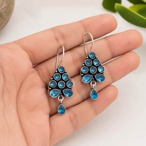 Mejor Precio Pendientes Colgantes de Topacio Azul para Mujer, con Engaste de Bisel Plateado Antiguo, Diseño Floral Bohemio para Boda, Bajo MOQ - Product Image 5