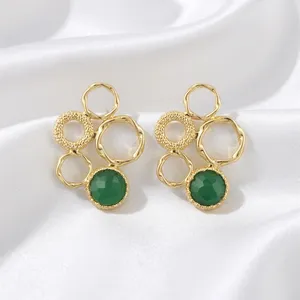 Pendientes de Ónix Verde Natural Redondo con Baño de Oro de 18K, Diseño Circular con Cuentas, Joyería de Moda Brillante al por Mayor - Product Image 1