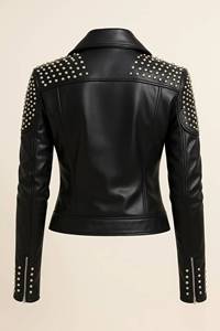 Veste en cuir PU pour femme MH, style moto, avec décoration en rivets, col montant, fermeture éclair, manches longues, style automne - Product Image 4